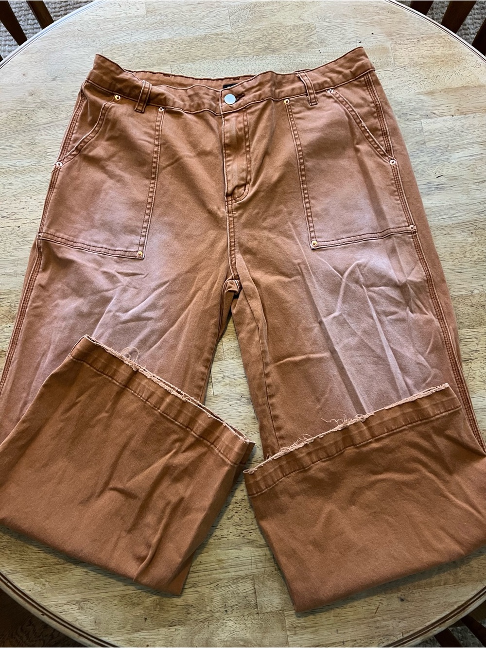 Terracotta Rust Brown Wide-Leg Utility Pants Distressed Cuffs
